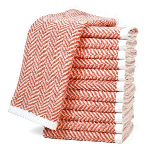 Cleanbear Coral Wash Cloths 12 Pack with Herringbone Stripes, 100% Cotton Washcloths for Showering, Face Cleaning or Hands Drying, 13 x 13 Inches