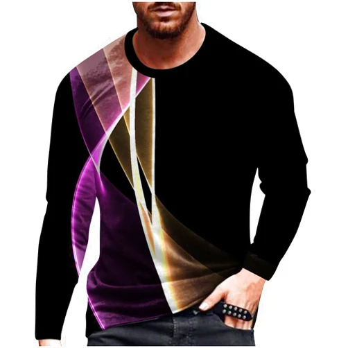 Muscularfit Mens T Shirt Graphic 3D Line Print Long Sleeve Shirts Big and Tall Gym Workout Athletic Pullover Crewneck Shirt