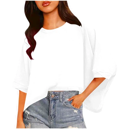 Generic Crop Drop Shoulder Tops Shirt for Womens Casual Comfy Soft Solid Color Loose Short Sleeves Blouse Basic Tshirt