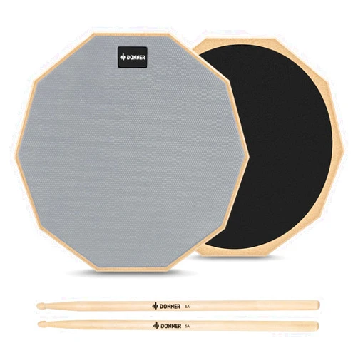 Donner 12 Inches Drum Practice Pad Silent Drum Pad Set Gray 2-Sided With Drum Sticks