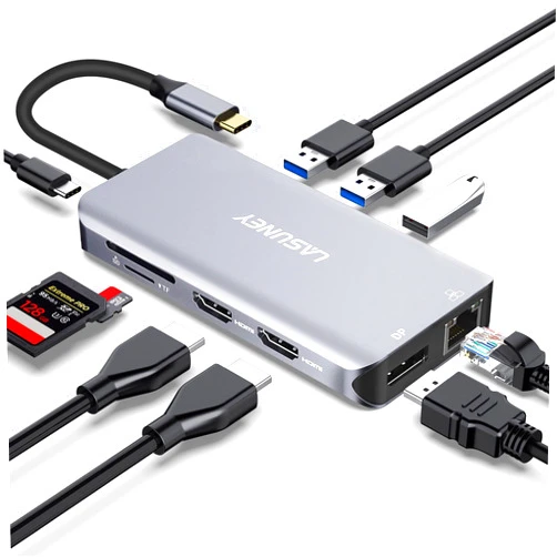 Lasuney Triple Display USB Type C HUB with to 2 HDMI, Displayport, PD3.0, Ethernet, 3 USB Ports, SD/TF, Multiport Adapter Docking Station Dongle for MacBook Air Pro and More