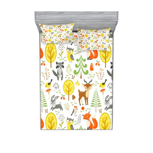 Lunarable Animals Fitted Sheet & Pillow Sham Set, Woodland Forest Animals Trees Birds Owls Fox Bunny Deer Raccoon Mushroom Print, Decorative Printed 3 Piece Bedding Decor Set, Queen, Orange Brown