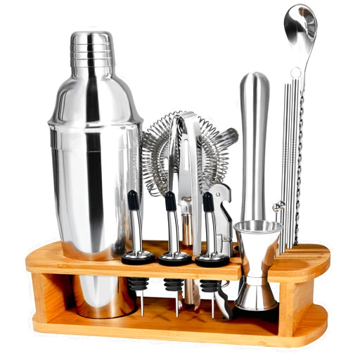 CasaCulina Cocktail Shaker Set Mixology Bartender Kit with Stand, 17 Piece Bar Tool Set: Martini Shaker, Jigger, Strainer, Mixer Spoon, Muddler, Liquor Pourers for Drink Mixing Bartending Kit(Silver)
