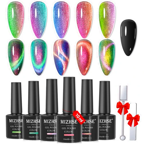 MIZHSE 9D Cat Eye Gel Nail Polish: Magnetic Gel Polish Set 10 ml 6 Colors with 2 Magnet Sticks, Chameleon Magic Galaxy Shiny Effect Cateye Nail Polish Soak off Nail Art Gift for Ladies