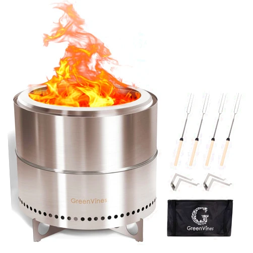 GREENVINES Smokeless-Fire-Pit | 19-Inch | 304 Stainless-Steel-Firepit | Portable Outdoor Pits with Stand for Camping | Bag & Sticks & Holders | Solo Wood Burning Bonfire | Low Smoke Stove