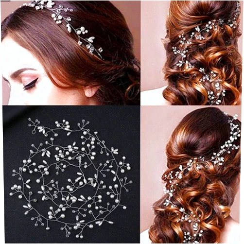 VESOCOZGSZ 19.68'' Brides Handmade Pearl Crystal Headband Headpieces Rhinestone Wedding Decorative Hair Accessories Headband Party Prom(Silver)