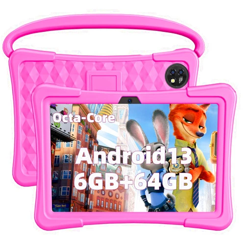 COLORROOM Kids Tablet 10 inch Android 13 Tablet for Kids, 6GB RAM 64GB ROM, Octa-Core Tablet with Case, 1280x800 IPS Display, GPS, FM, 6000mAh, Bluetooth, Dual Camera, WiFi (Pink)