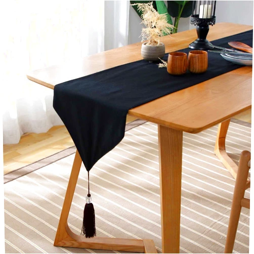 CWYPB Black Table Runner, Cotton Linen Table Runners with Tassel, Classic Simplicity Multi Size Coffee Table Runner, for Xmas Halloween Party Holiday Home Decor,33X140cm/13X55