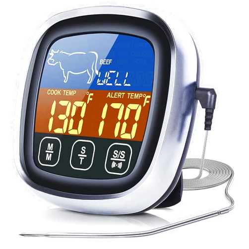 Pilita Meat Thermometer, with Long Probe, Digital Meat Thermometer with Large Touchscreen LCD, Kitchen Timer, Grill Thermometer, Cooking Food Meat Thermometer Instant Read for Smoker Kitchen BBQ Oven