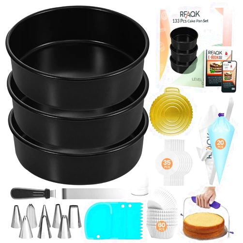 RFAQK 133PCs Round Cake Pans Sets for Baking + Cake Decorating Kit with NonStick 8 Inch Cake Pan Set of 3 -Icing Tips,Cake Leveler,Spatula, Multifunctional Cake Pan, Baking Supplies Gift & eBook