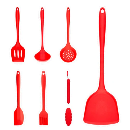 MXGZ Silicone Kitchen Set 7-Piece one-Piece Silicone Cooking Spoon Shovel Color Box Household Kitchen Tools 7pieceset red