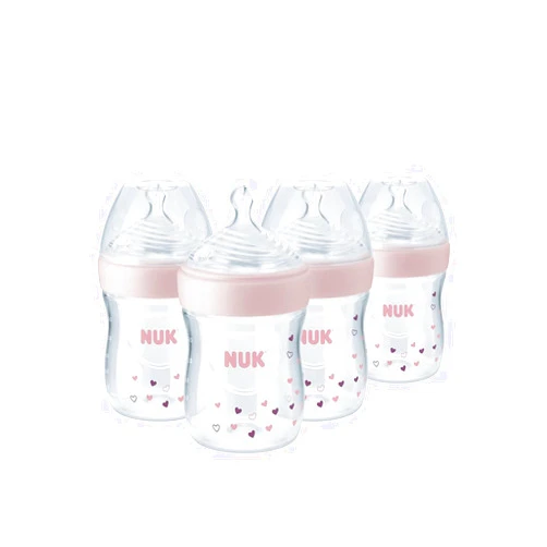 NUK Simply Natural Baby Bottle with SafeTemp, 5 oz, 4 Pack, Pink Hearts