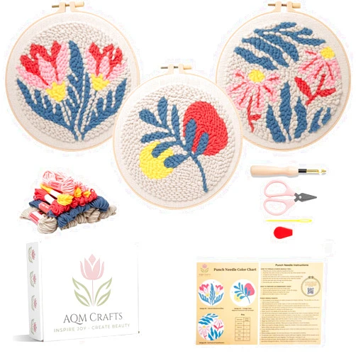 AQM Crafts Punch Needle Kit | Punch Needle Fabric, Hoops, Yarn, Cutter, and Plastic Sewing Needle | Embroidery Kit for Beginners Cross Stitch Kits for Adults - 3 Sets Embroidery Kit for Craft Lovers