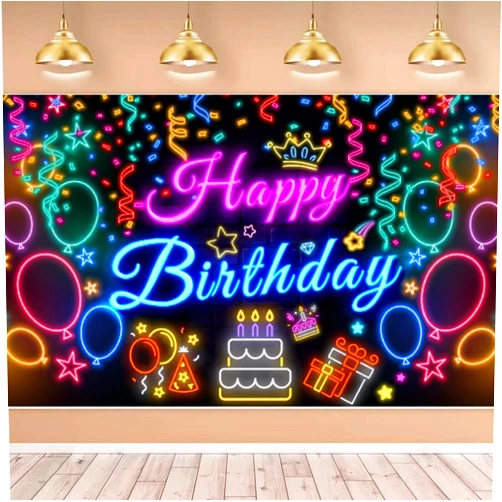 STNFAREBI Happy Birthday Neon Banner Backdrop 70.8 x 43.3 Inch, Glowing Themed Photography Background Decor, Birthday Party Decoration for Men Women Glow Party Supplies (Neon)