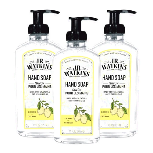 J.R. Watkins Liquid Hand Soap With Dispenser, Moisturizing Hand Soap, Alcohol-Free, Cruelty-Free, Use For Bathroom or Kitchen, Lemon, 11 Fl Oz, 3 Pack