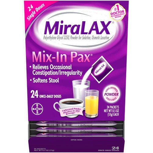 MiraLAX Gentle Constipation Relief Laxative Powder, Stool Softener with PEG 3350, No Harsh Side Effects, 1 Doctor & OBGYN Recommended, Single Dose Mix-in Pax, Travel Pack, 24 Dose