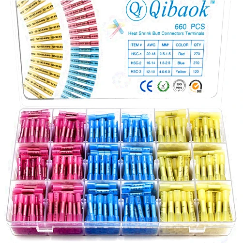 Qibaok 660 PCS Heat Shrink Butt Connectors Qibaok Crimp Electrical Wire Connector Waterproof Insulated Butt Splice Terminal for Automotive Marine Boat Truck Trailer Stereo