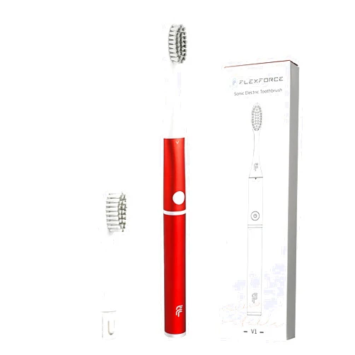 Flexforce AAA Battery Powered Sonic Toothbrush, 2 Replaceable Toothbrush Heads, Metal Aluminum Toothbrush Handle, for Kids and Adults, 2 Minute Timer, V1 Electric Toothbrush, Red