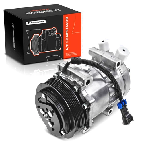 A-Premium Air Conditioner AC Compressor with Clutch Compatible with Caterpillar, Freightliner, Kenworth, Mack, Peterbilt, Volvo Truck, For SD7H15 Compressor, w/2-Pin Connector, 6 Grooves