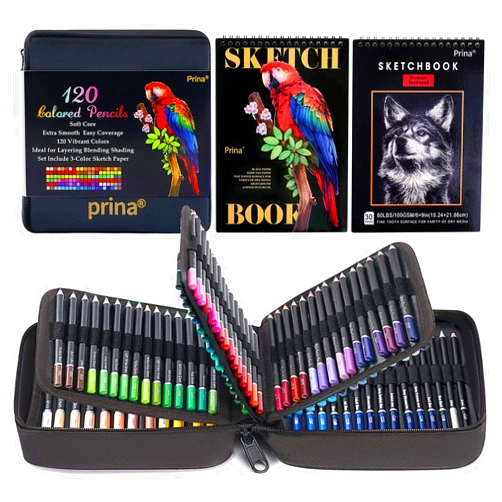 PRINA Art Supplies 120 Colors Colored Pencils Set for Adults Coloring Books with Sketchbook, Professional Vibrant Artists Coloring Pencils for Drawing Sketching Blending Shading, Soft Core Oil Based