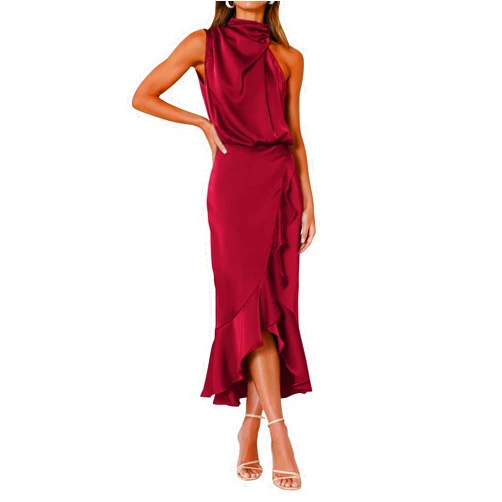 KIRUNDO Womens 2025 Summer Satin Mock Neck Wedding Guest Party Cocktail Midi Dress Sleeveless Wrap Ruffle Formal Dresses