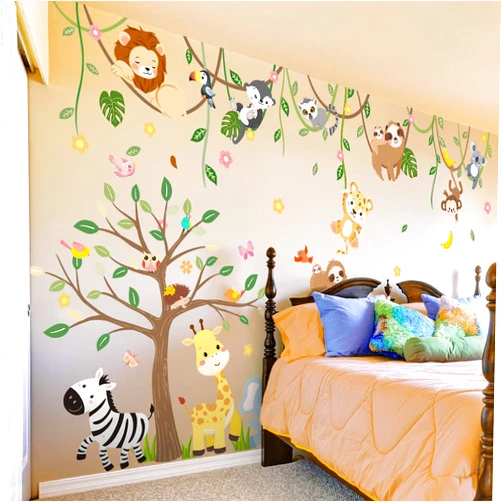 CharmFlo Large Jungle Safari Wall Decals 62.59”x90.94” Animals Climbing Trees Removable Peel and Stick Wall Art for Nursery Kids Room Playroom Decor