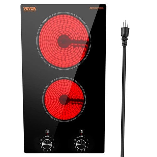 VEVOR Electric Cooktop, 12 inch 2 Burners Built-in Electric Stove Top, 1800W Ceramic Top Radiant Cooktop, with Glass Panel, Knob Control, 11 Heat Levels, 120V, for Diverse Cooking Requirements