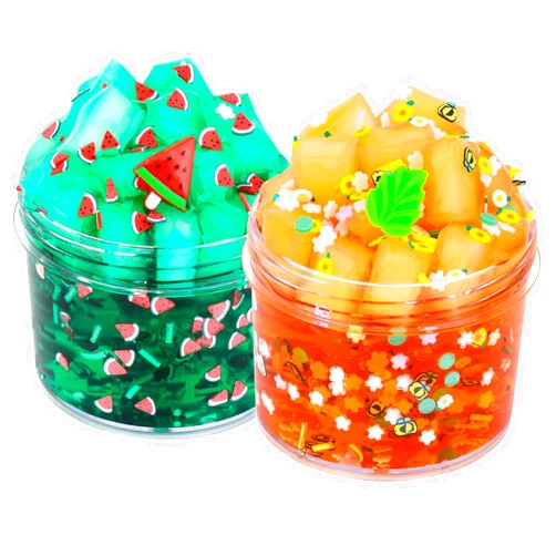 Dreunsto 2 Pack Jelly Cube Crunchy Slime Kit, with Leaves and Watermelon Charms Crystal Clear Crunchy Slime, Super Soft Putty Supplies Toys, Slime Party Favors for Kids, Stress Relief, for Girls & Boys