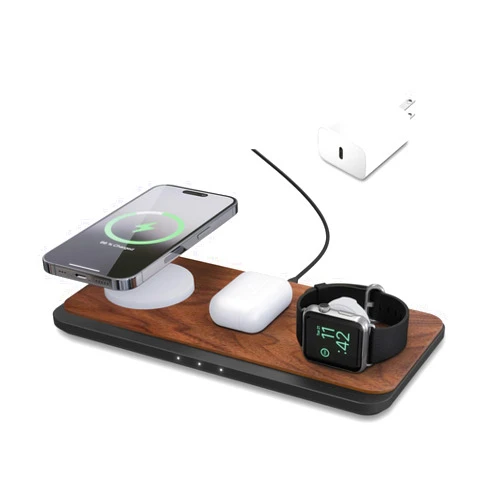 Woodcessories Multibase Pro - 3 in 1 Charging Station Wood | Magsafe Charger | Wireless Charger Compatible with iPhone, Apple Watch, Air Pods + 45W Power Adapter
