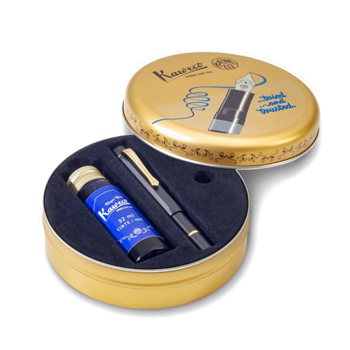 Kaweco PISTON SPORT AL Black/Gold Starter Set I Classic Aluminium Fountain Pen for Ink Bottles in Nostalgic Box including Kaweco Ink Bottle in Royal Blue I Piston Filler 13 cm I Nib: F (Fine)