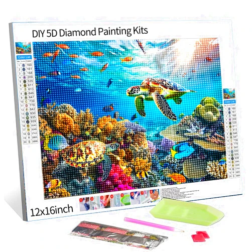 Tucocoo Sea Turtle Diamond Painting DIY 5D,Numbering Kit,Undersea Fish，Sea Life Artwork Coral Reef Wall Art 12''Wx 16''H Aquarium Crystal Rhinestone Picture Home Decor Adult Girl Gift(DIY Frame)