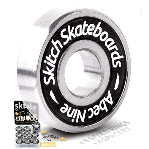 SKITCH Precision Fast Spin Bearings Set | 8 Pack 608 2RS ABEC 9 Chrome Steel Deep Groove Ball Bearing Set for Skateboards, Longboards, Inline Skates, Scooters | + Washers + Spacers | 8mm x 22mm x 7mm