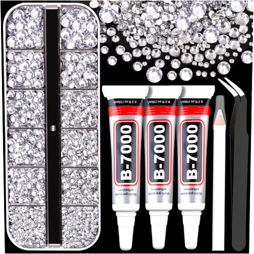 TINKRSTUFF Resin Rhinestones for Crafting with B7000 Jewelry Glue, 1 Box Clear Flatback Crystals with 3Pcs 10ml Glue for Bedazzling Crafts DIY Nail Art Makeup，Non Hotfix Gems for Clothing Shoes