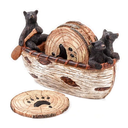 Cabin Obsession Bear Coasters Set – 6 Full Size Rustic Coasters in Handmade Canoe with Adorable Black Bear Figurines | Black Bear Log Cabin Decorations, Rustic Lodge Decor for The Home