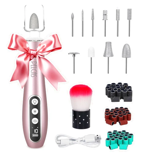 PELCAS Electric Nail File, 10 Speeds Cordless Nail Drill Kit With LED Light, Professional Nail Grinder with LCD Screen Portable e file For Human, Pet, Thick Toenails, Natural & Acrylic Nails Pink