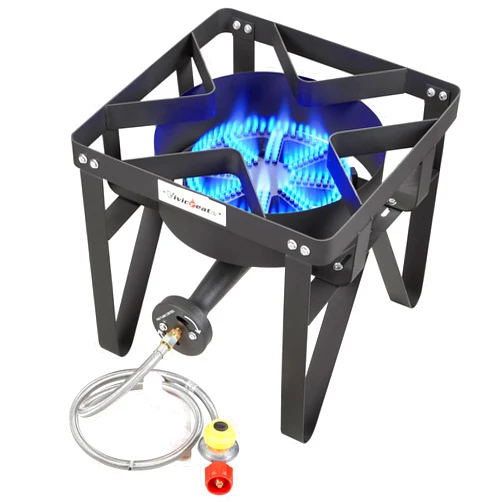 Vivicreate Propane Gas Stove, 185000 BTU High Pressure Outdoor Camping Stove with Regulator, Cast Iron Burner, CSA listed regulator and gas hose,Black (Higher)