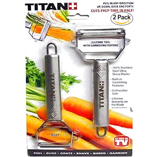 Titan Peeler Stainless Steel Blade Vegetable Peeler Julienne Tool with Garnishing Feature - Slicer Shredder Cutter for Kitchen Home Staple - 2 Pack - TTPLR