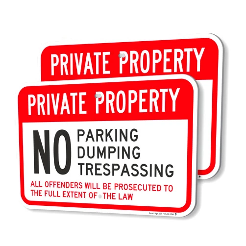SmartSign Private Property No Parking/Dumping/Trespassing Offenders Prosecuted Sign (2-Pack), 12 x 18 inch, 80 mil thick Aluminum Composite (ACM), Pre-Drilled Holes, Red, Black and White, USA-Made