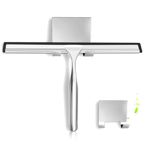 SOYOK Shower Squeegee for Glass Doors, Stainless Steel Squeegee for Shower Glass with Adhesive Hook, 10’’ Multi-Purpose Window Squeegee for Window Cleaning, Bathroom, Glass, Car Windows, Mirrors, Tiles