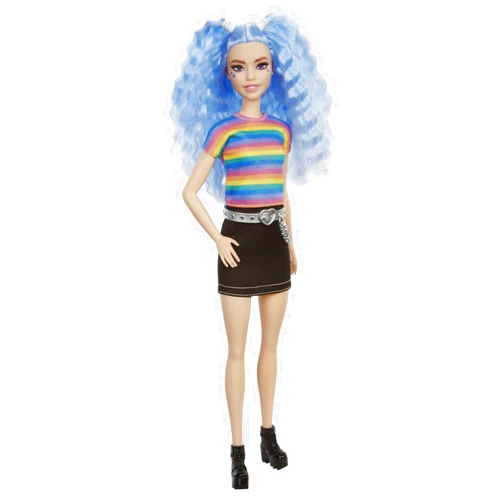 Barbie Fashionistas Doll with Long Blue Crimped Hair, Star Face Makeup, Multi-Color Striped Tee, Denim Skirt, Black Boots & Silvery Chain Belt, Toy for Kids 3 to 8 Years Old