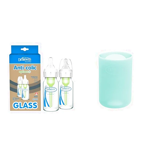 Dr. Brown's Natural Flow Anti-Colic Options+ Narrow Glass Baby Bottle 4 oz/120 mL & Natural Flow Options+ Glass Baby Bottle Sleeves,100% Silicone,4 oz,Narrow,Mint