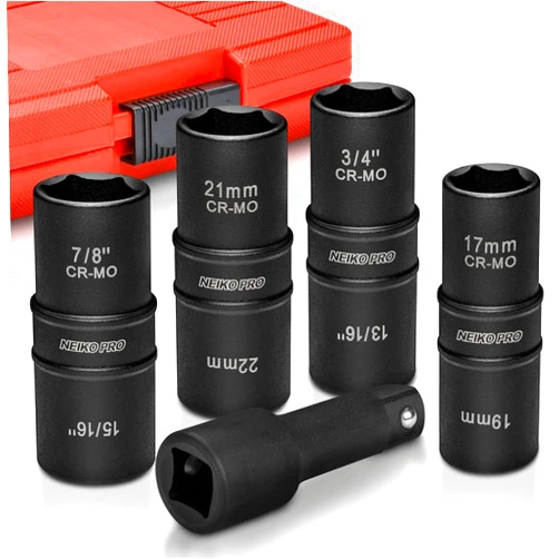 NEIKO 02282B 1/2-Inch-Drive Impact Socket Set, Flip Socket Set, Chrome Moly Steel, Includes 3-Inch Bar Extension, 8 Deep SAE and Metric Sizes, 5 Pieces