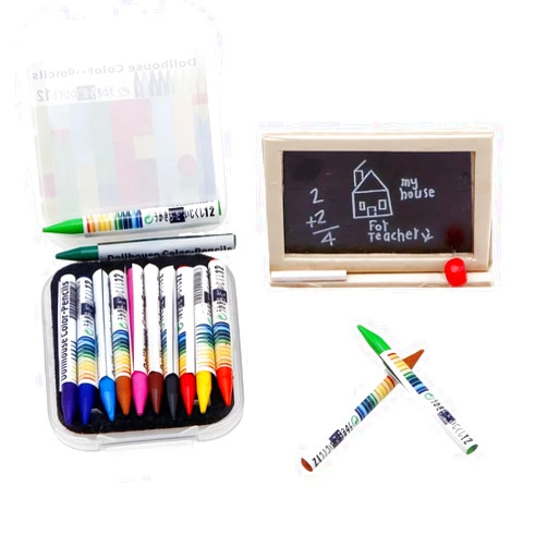 DUNMOMO Mini School Supplies Sets,112 Dollhouse Acessories Including 12 Pieces Crayon,Blackborad for Dollhouse Home Miniature Model DIY Decor Doll House Accessories Coloring House Play Set