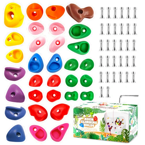 TOPNEW 32 Rock Climbing Holds Multi Size for Kids, Adult Rock Wall Holds Climbing Rock Wall Grips for Indoor and Outdoor Playground Play Set - Includes 2 Inch Mounting Hardware