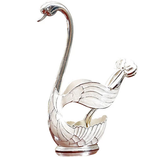 QIRMIZI Decorative Gold Swan Base Holder with 6pcs Coffee Spoon Set - Creative Dessert Spoons,Silver