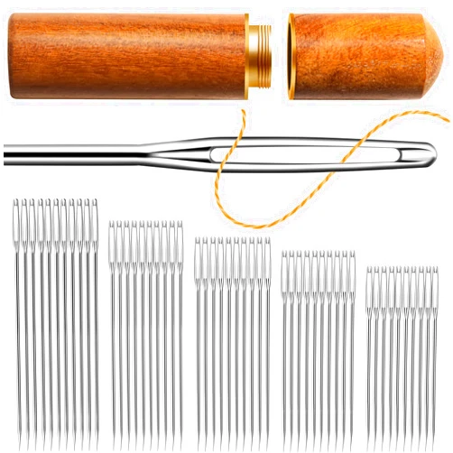 KATIZO 50 PCS Large Eye Sewing Needles, 5 Sizes Sewing Sharp Needles, Leather Needle Embroidery Thread Needle, Large Eye Embroidery Needles，Stainless Steel Yarn Knitting Needles for Hand Sewing (Pointed)