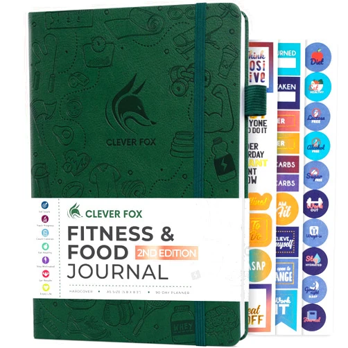Clever Fox Fitness & Food Journal – Nutrition & Workout Planner for Women & Men – Diet & Gym Exercise Log Book with Calendars, Diet & Training Trackers - Undated, A5 Size, Hardcover (Forest Green)