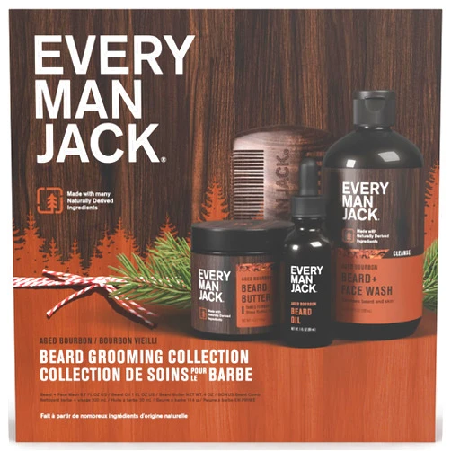 Every Man Jack Men's Aged Bourbon Beard Kit Holiday Gift Set, Face Wash, Beard Butter and Beard Oil