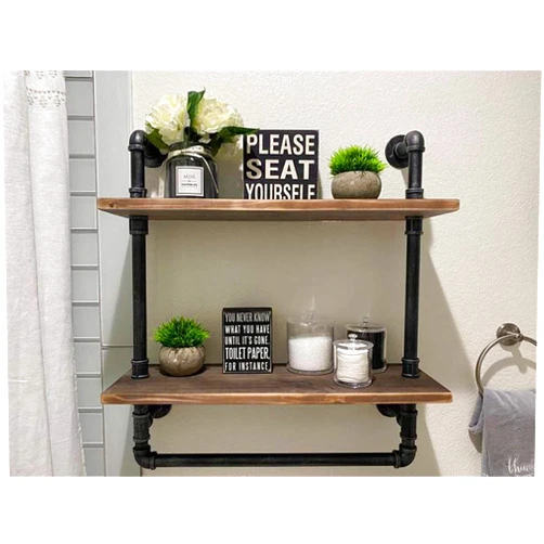 LooftMate Industrial Bathroom Shelves Wall Mounted 2 Tiered,24in Pipe Shelving Wood Shelf with Towel Bar,Rustic Farmhouse Towel Rack,Metal Floating Shelves Towel Holder,Iron Distressed Shelf Over Toilet