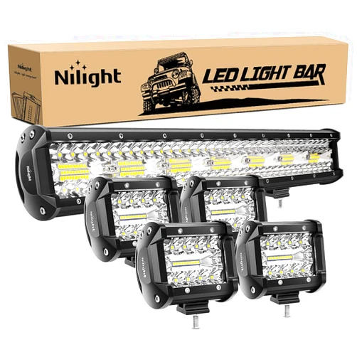 Nilight 20 Inch 420W Triple Row Flood Spot Combo Led Light Bar 4PCS 4Inch 60W LED Pods Driving Boat Lights Led Off Road Trucks Lights , 2 Years Warranty (ZH415), Black